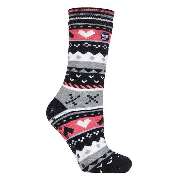 Heat Holders Ladies Fairisle Thermal Slipper Socks 4-8 UK Black / Coral