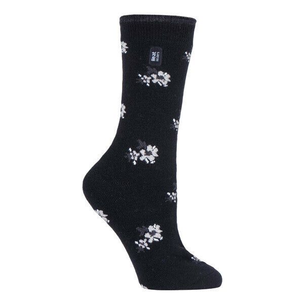 Heat Holders Ladies Ultra Lite Thermal Dress Socks 4-8 UK Black Floral (Bellis)