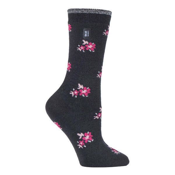 Heat Holders Ladies Ultra Lite Thermal Dress Socks 4-8 UK Charcoal Floral (Bellis)