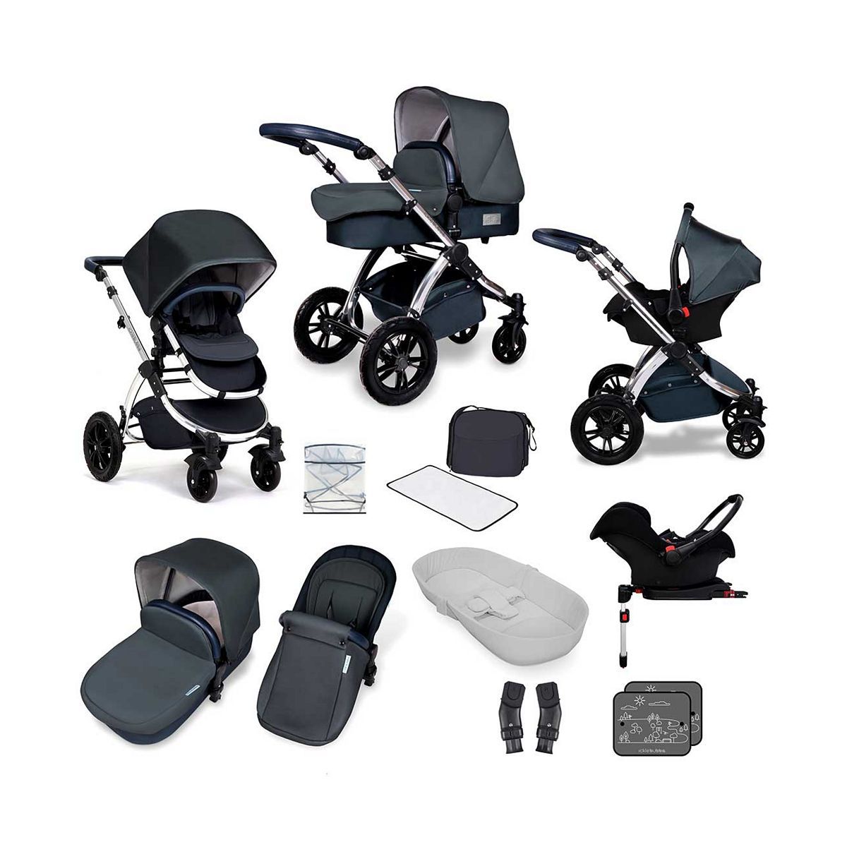 Ickle Bubba Stomp V4 travel system with galaxy car seat & isofix base chrome/blueberry