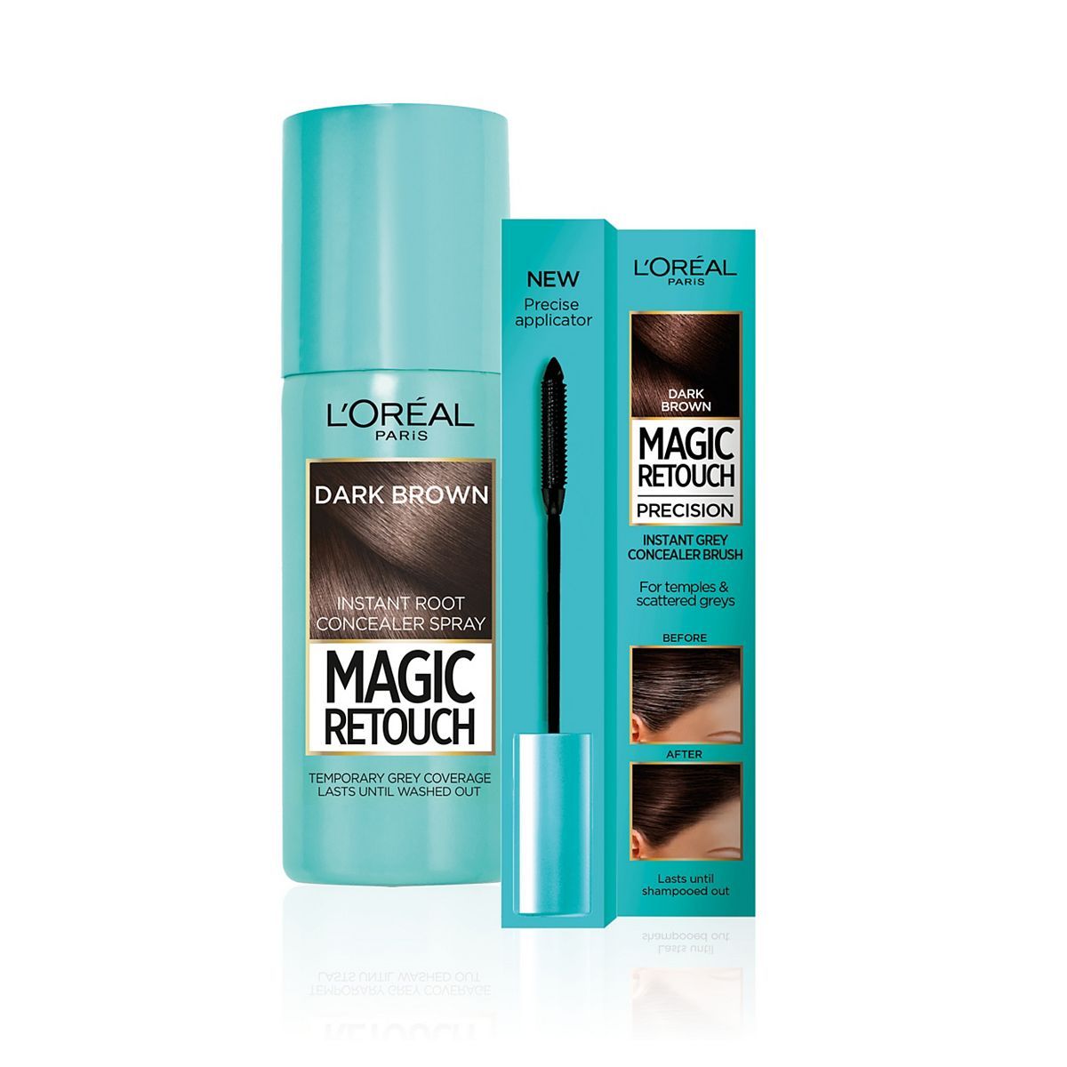L'Oreal Magic Retouch Dark Brown 75ml & Precision Instant Grey Concealer Brush Set