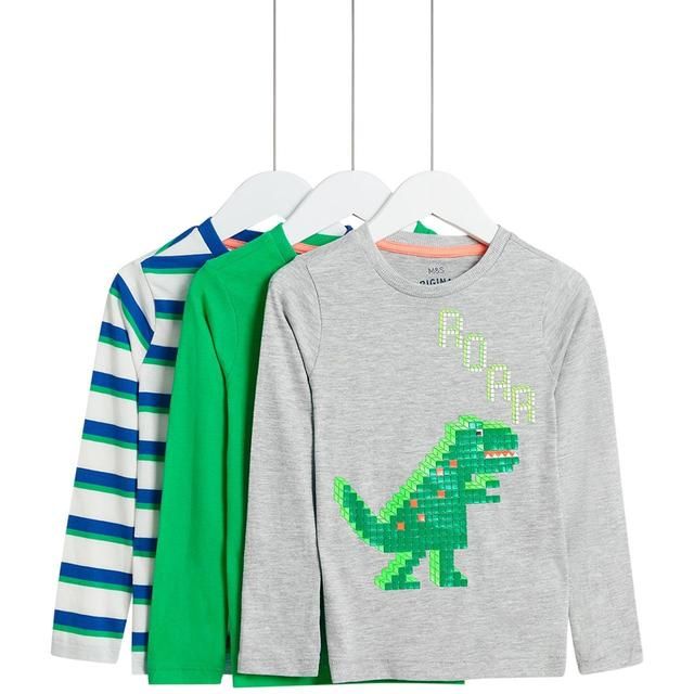 M&S 3pk Dino LS Tops '3-4 Y Multi 3 per pack