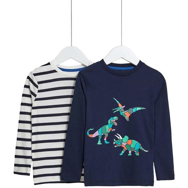 M&S Pure Cotton Dinosaur and Stripe Tops 4-5 Years 2 per pack