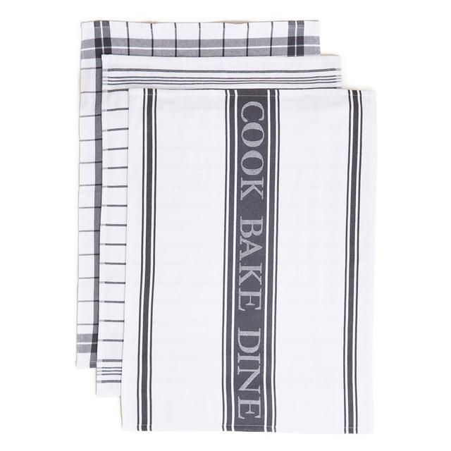 M&S Set of 3 Striped Tea Towels Dark Grey 3 per pack
