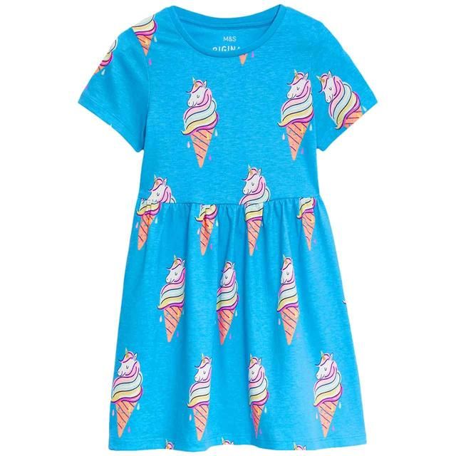 M&S Unicorn Ice Cream Cotton Dress 2-7 Years Blue