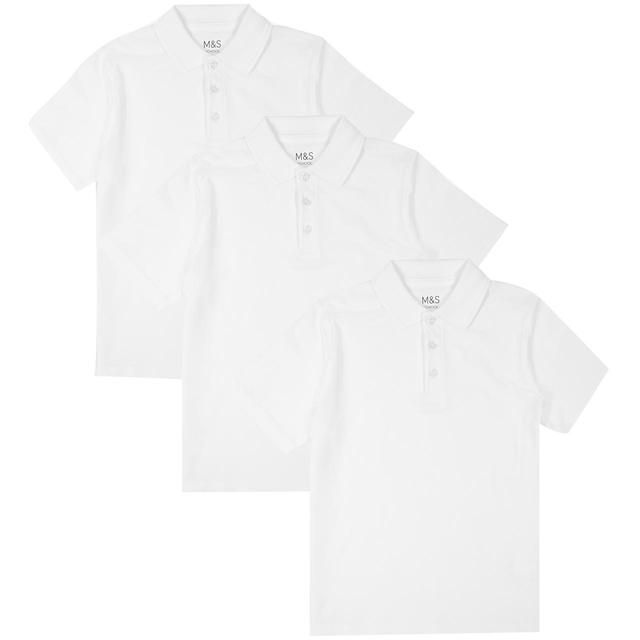 M&S Unisex Pure Cotton Polo Shirts 12-13 Years White 3 per pack