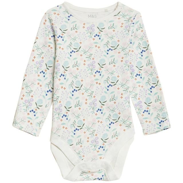 M&S Unisexn 3 Pack Pure Cotton Floral Bodysuits Multi 0-3 Years