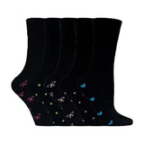 5 Pack Ladies Black Cotton Socks With Hearts&bows 4-8