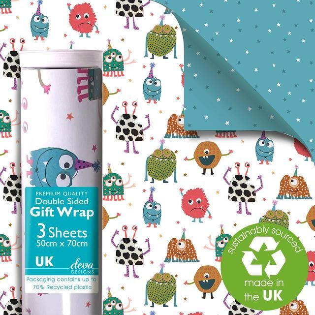 Monsters Double Sided Gift Wrap Sheets 3 per pack