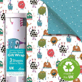 Monsters Double Sided Gift Wrap Sheets 3 per pack