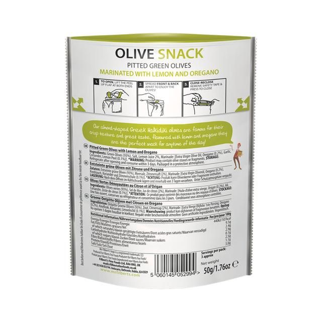 Mr Filberts Olive Snacks Green Olives with Lemon & Oregano   50g