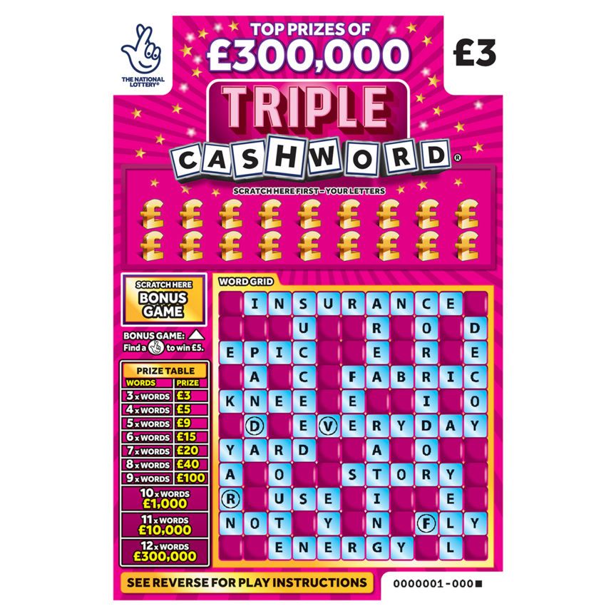 National Lottery £3 £300,000 Triple Cashword Pink Scratchcard Game