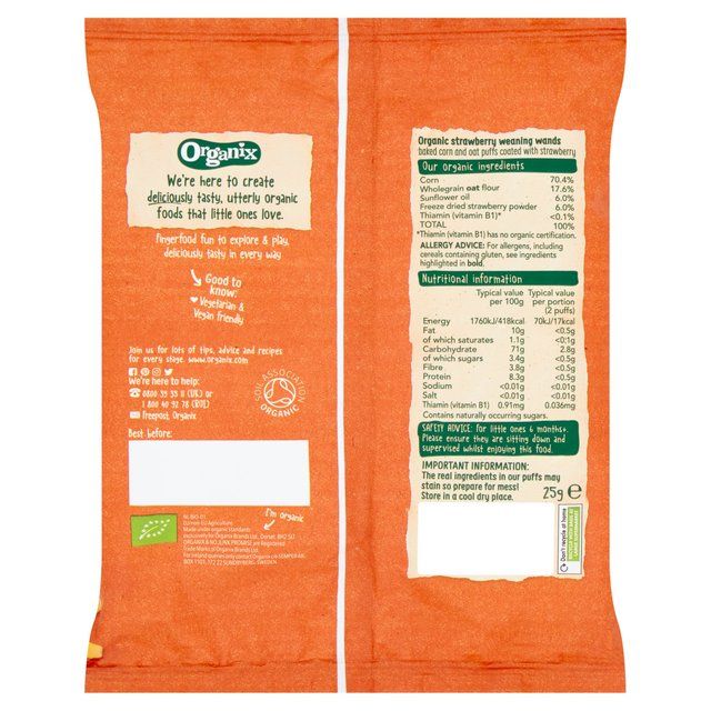 Organix Strawberry Weaning Wands Organic Baby 6 months+ snack 25g