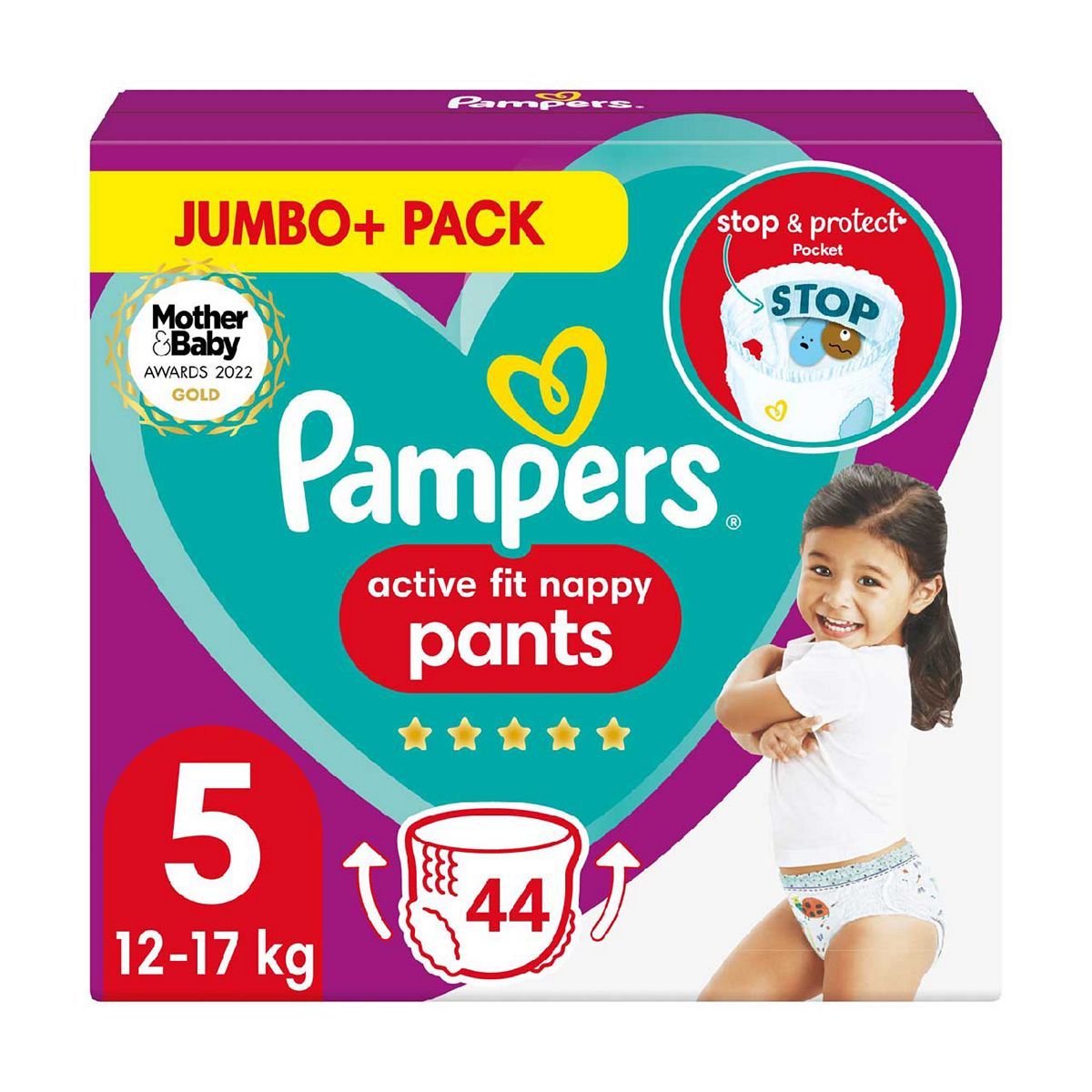 Pampers Active Fit Nappy Pants Size 5, 44 Nappies, 12kg-17kg, Jumbo+ Pack