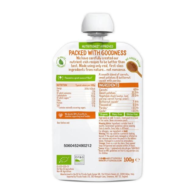 Piccolo Carrot Sweet Potato Butternut Squash Organic Pouch 4 mths+ 100g
