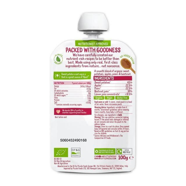 Piccolo Sweet Potato Apple Pear & Beetroot Organic Pouch 4 mths+ 100g