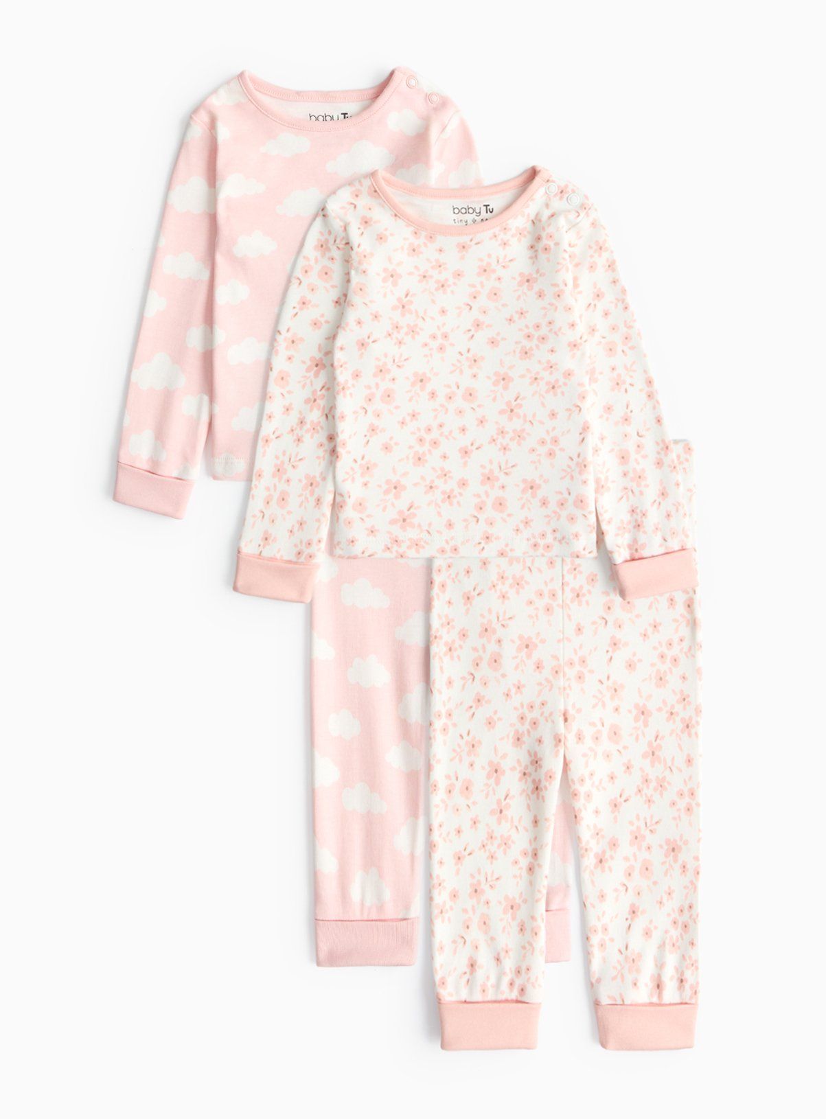 Pink Cloud & Floral Print Pyjama Set 2 Pack 6-9 months