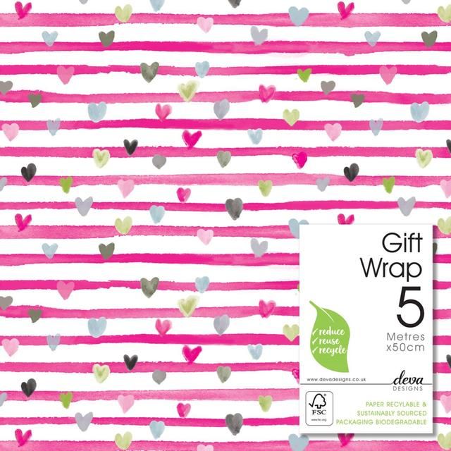 Pink Ribbon Hearts Gift Wrap Roll 5m