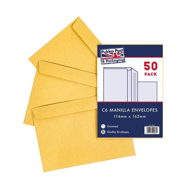 Pukka Pad 50 pack envelopes - C6 Manilla Gummed 114mm x 162mm 50 per pack