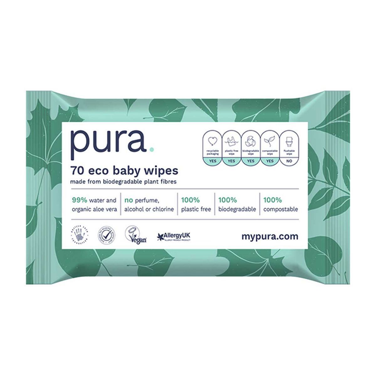 Pura 100% Plastic-Free Biodegradable Baby Wipes 70 Pack