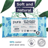 Pura Plastic Free Flushable Baby Wipes 12 x 60pk 12 x 60 per pack