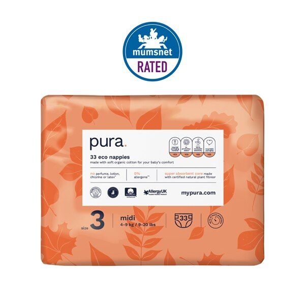 Pura Premium Eco Baby Nappies, Size 3 (4-9kg) 33 Nappies