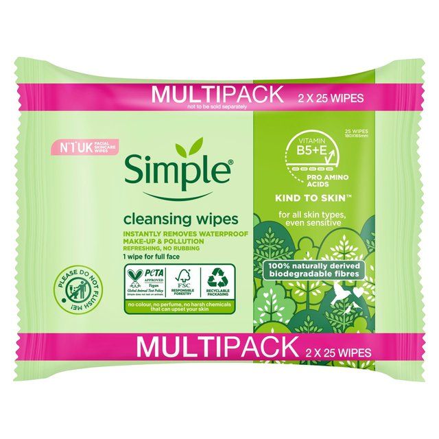 Simple Kind to Skin Biodegradable Face Wipes 2 x 25 per pack