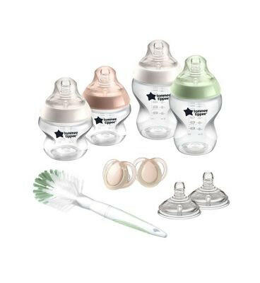 Tommee Tippee Natural Start Newborn Starter Set, 2 Anti-Colic Baby Bottles, Medium-Flow, Breast-Like Teats, Self-Sterilising Baby Accessories & Cleaning Boots