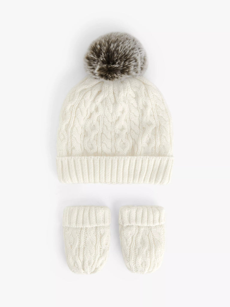 John Lewis Baby Cable Knit Bobble Hat & Mittens Set