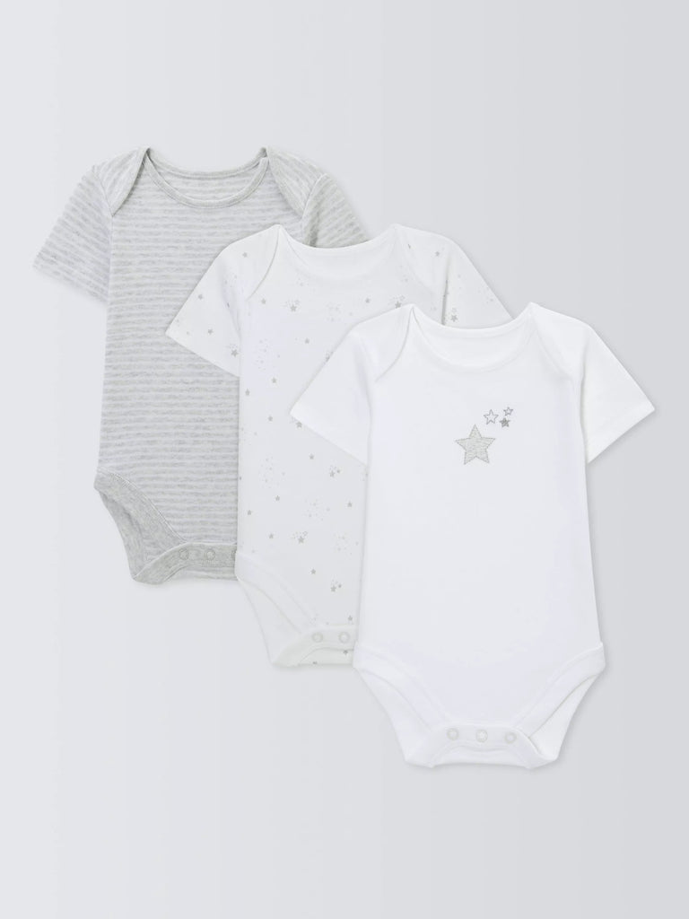 John Lewis Baby Cotton Star Print Bodysuits, Pack of 3, White