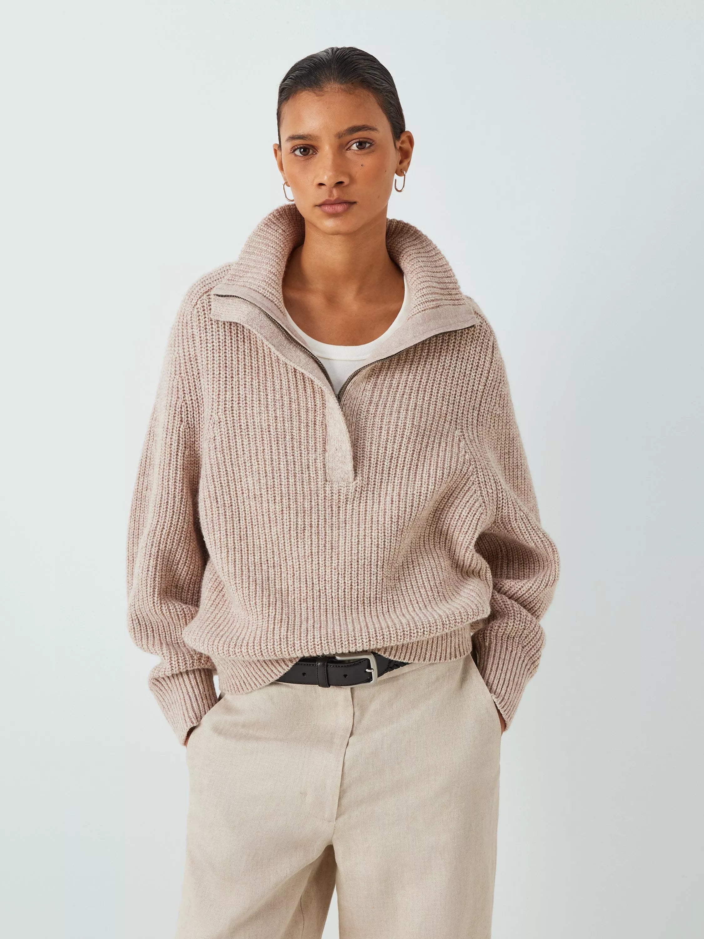 John Lewis Wool Cotton Blend Zip Neck Jumper, Berry - McGrocer