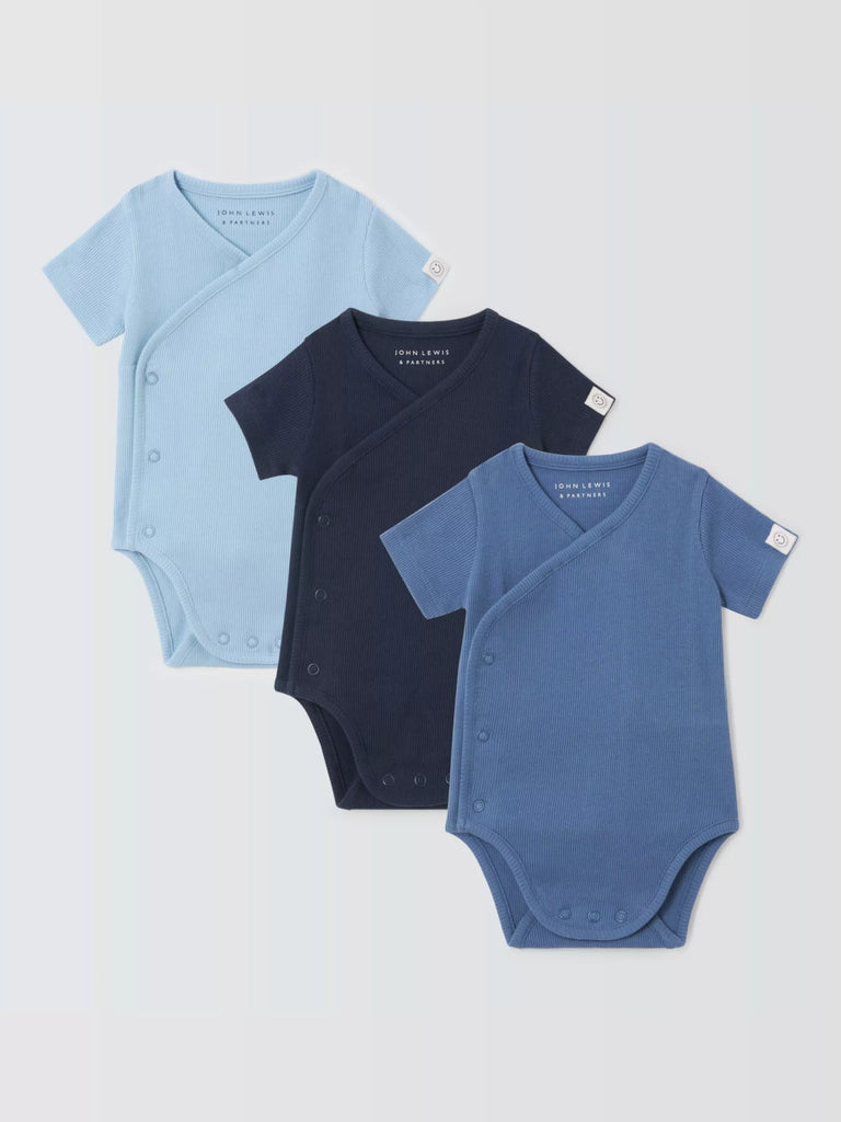 John Lewis Baby Ribbed Cotton Bodysuit, Pack of 3, Blue/Multi