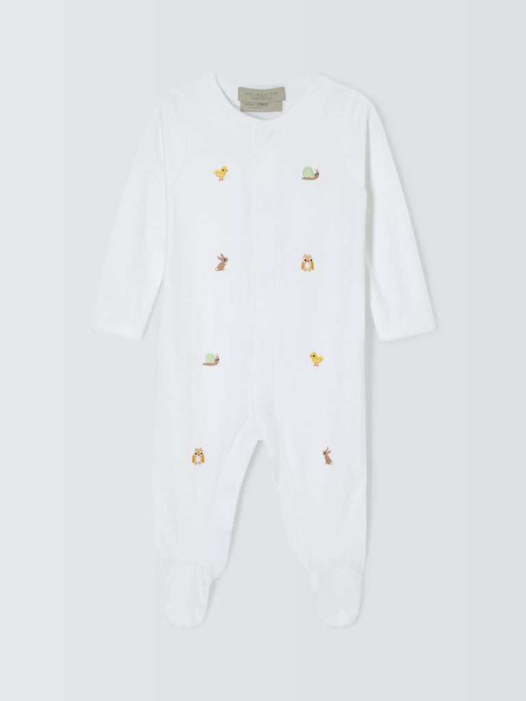 John Lewis Heirloom Collection Baby Woodland Animals Embroidered Pima Cotton Sleepsuit, White