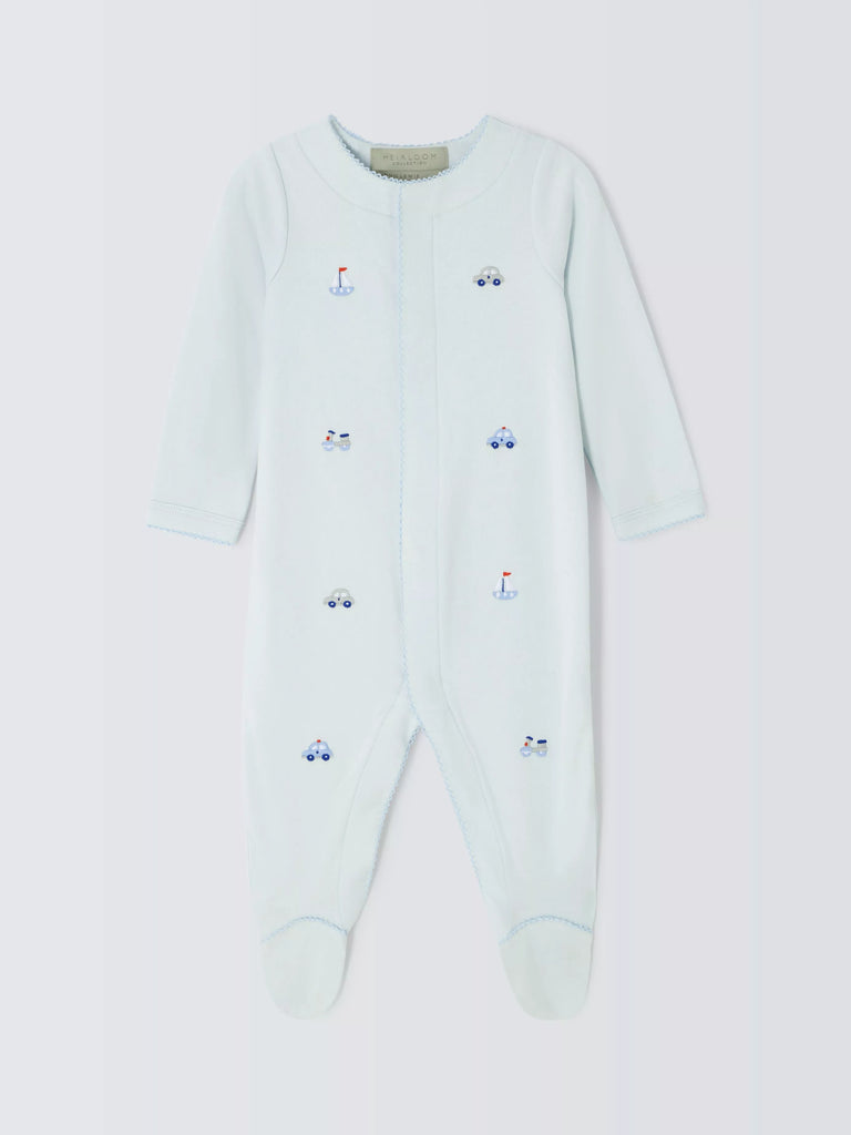 John Lewis Heirloom Collection Baby Transport Toys Embroidered Pima Cotton Sleepsuit, Blue