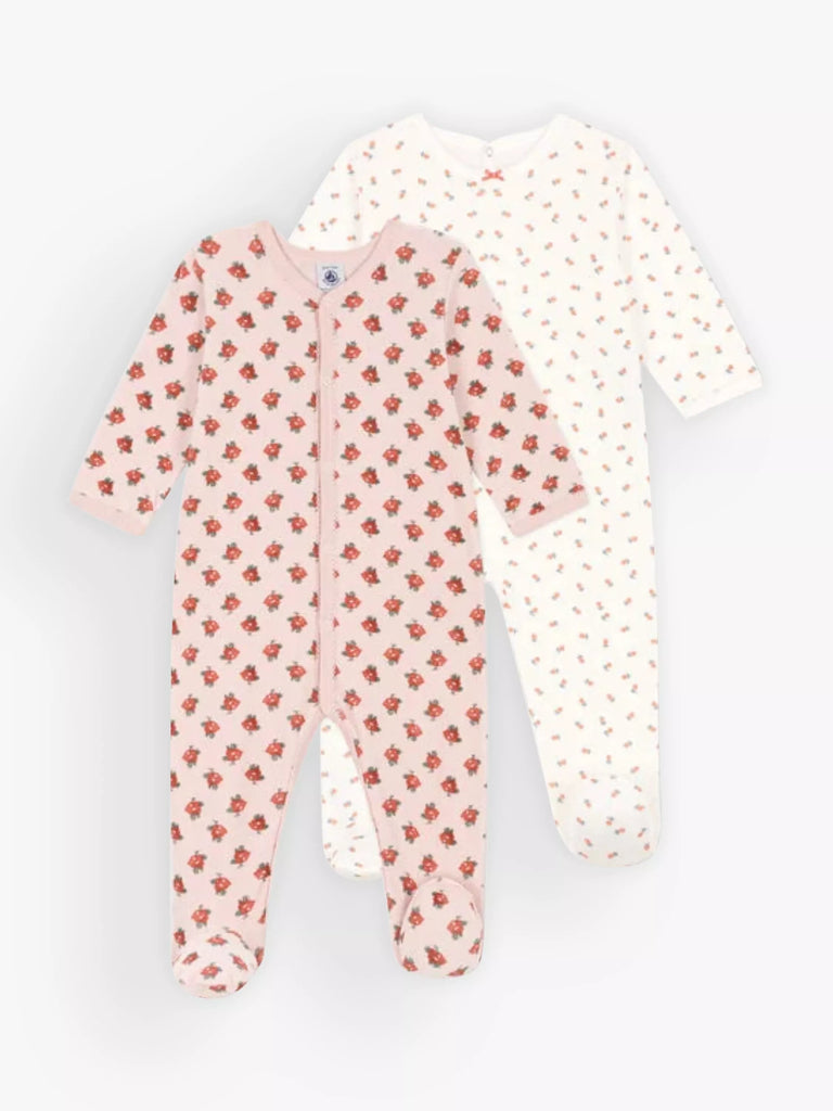 Petit Bateau Baby Floral Print Velour & Tube Knit Sleepsuits, Pack of 2, White/Multi