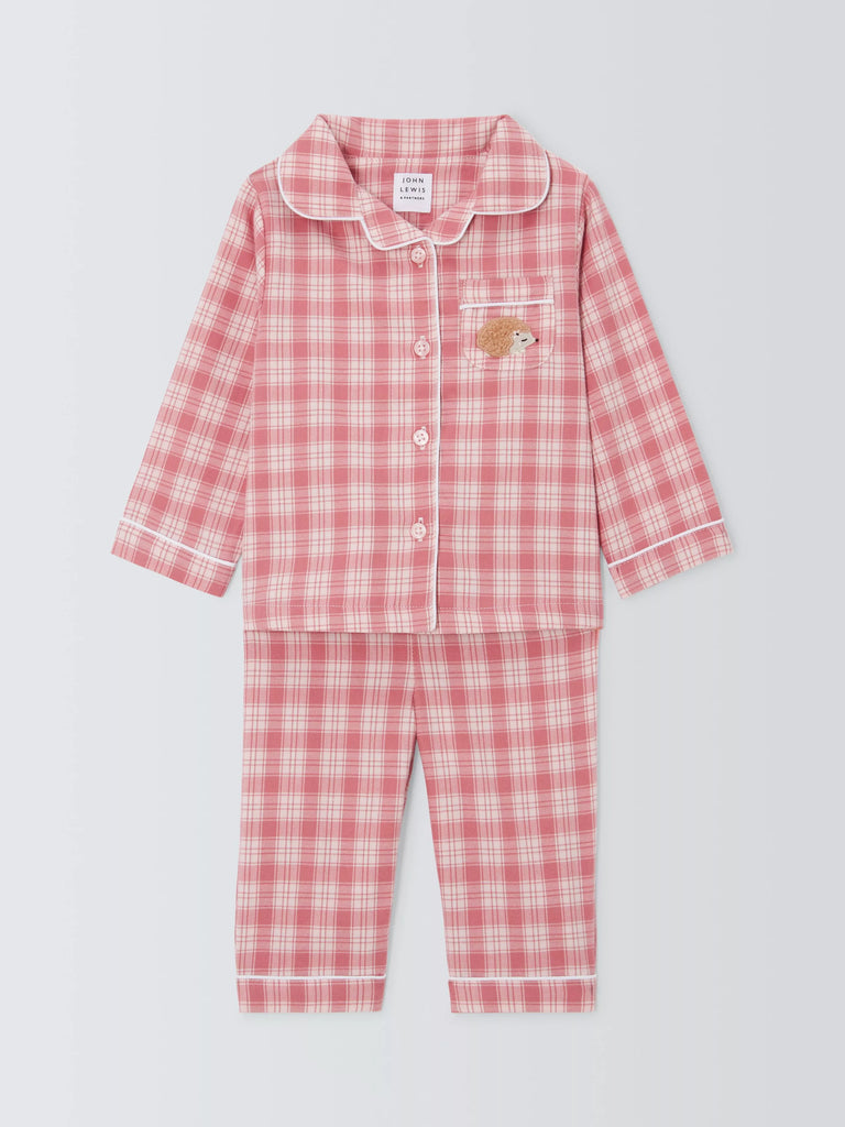 John Lewis Baby Hedgehog Embroidred Check Pyjamas, Pink