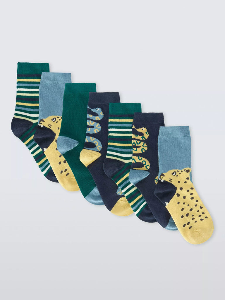 John Lewis Kids' Cheetah Stripe Cotton Rich Socks, Pack of 7, Multi