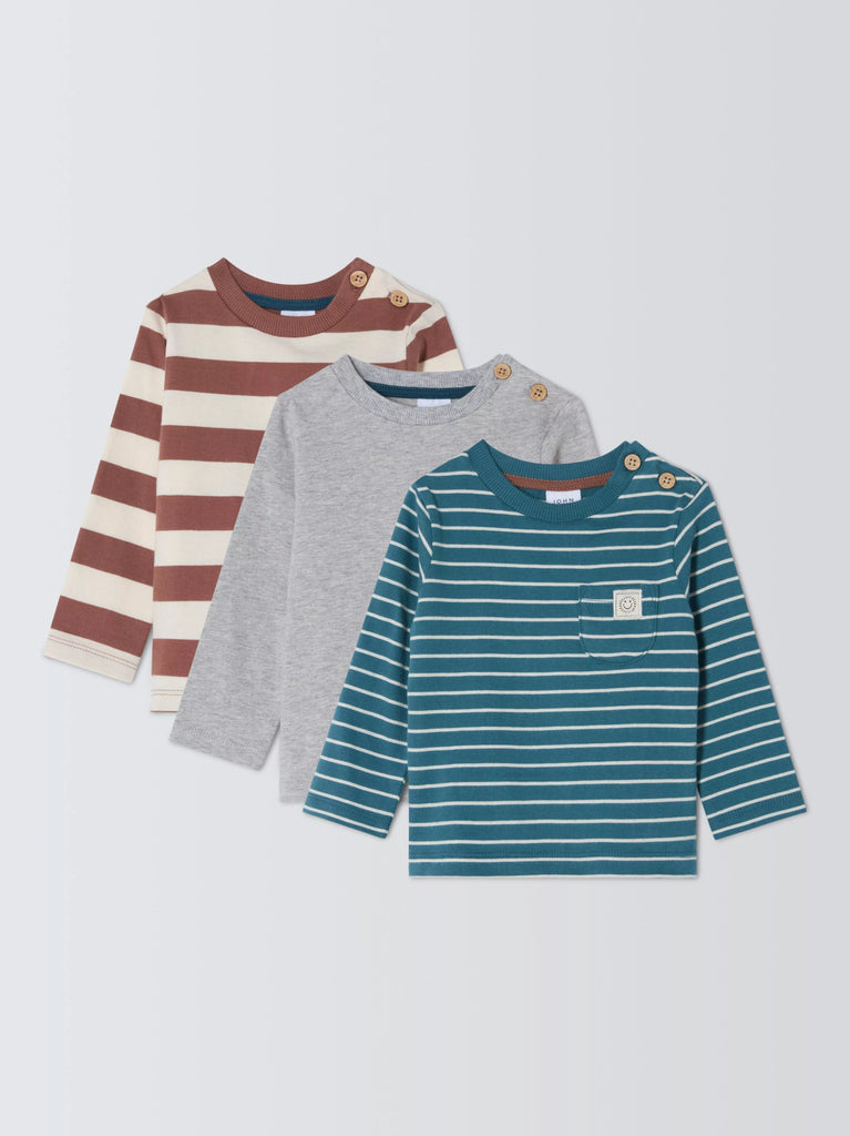 John Lewis Baby Long Sleeve Tops, Pack of 3, Multi