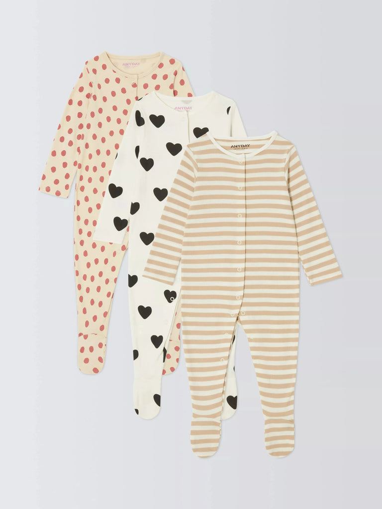 John Lewis ANYDAY Baby Heart, Spots and Stripes Sleepsuits, Pack of 3, Multi