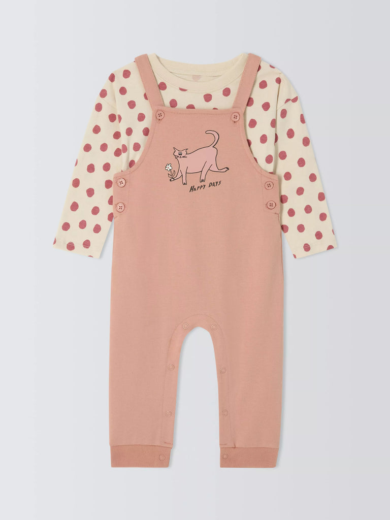 John Lewis ANYDAY Baby Happy Days Cat Dungaree and Long Sleeve T-Shirt Set, Pink