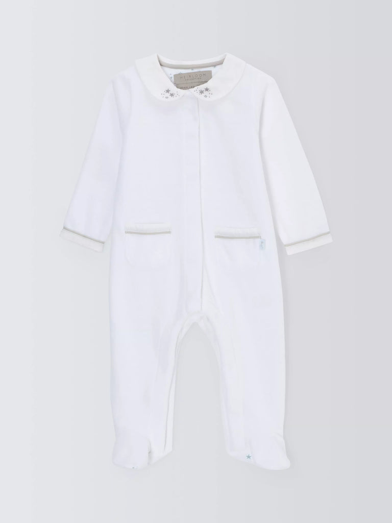 John Lewis Heirloom Collection Baby Velour Star Sleepsuit, White