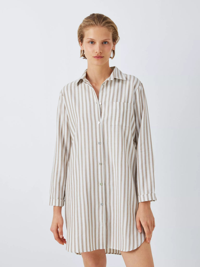 John Lewis Luna Brushed Cotton Stripe Nightshirt, Toffee/Ivory