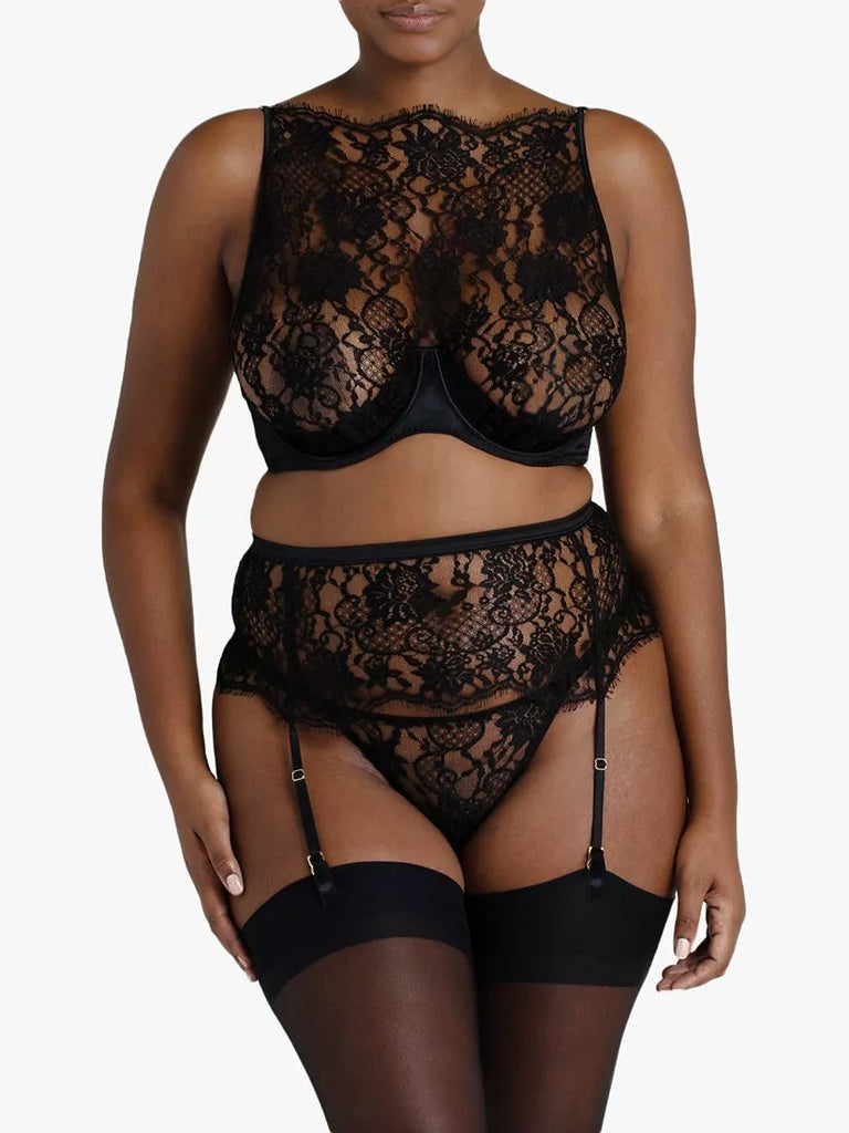 Coco de Mer Hera Lace Suspender Belt, Black