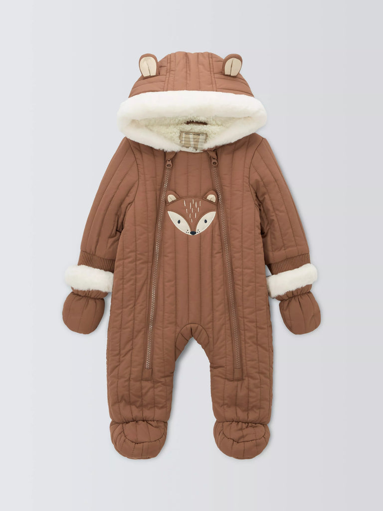 John Lewis Baby Fox Face Quilted Snowsuit, Brown