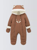 John Lewis Baby Fox Face Quilted Snowsuit, Brown