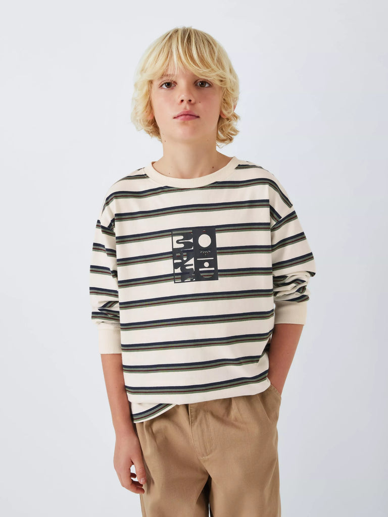 John Lewis Kids' Stripe Back Graphic Top, Ecru Stripe