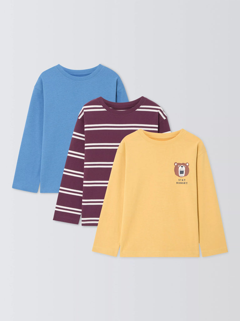 John Lewis Kids' Plain/Stripe/Bear Long Sleeve Tops, Pack of 3, Multi