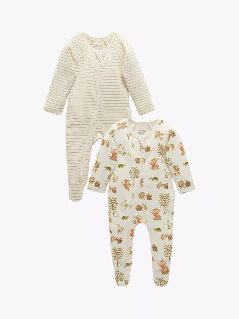 Purebaby Baby Organic Cotton Printed Sleepsuit, Pack of 2, Harvest Print