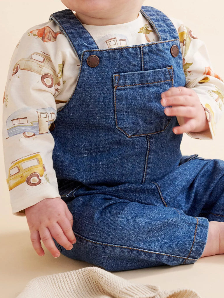 Purebaby Baby Cotton Denim Dungarees, Blue Denim