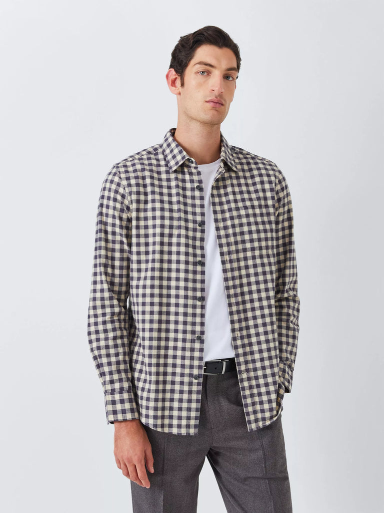 John Lewis Long Sleeve Regular Fit Gingham Cotton Shirt, Charcoal/Egret